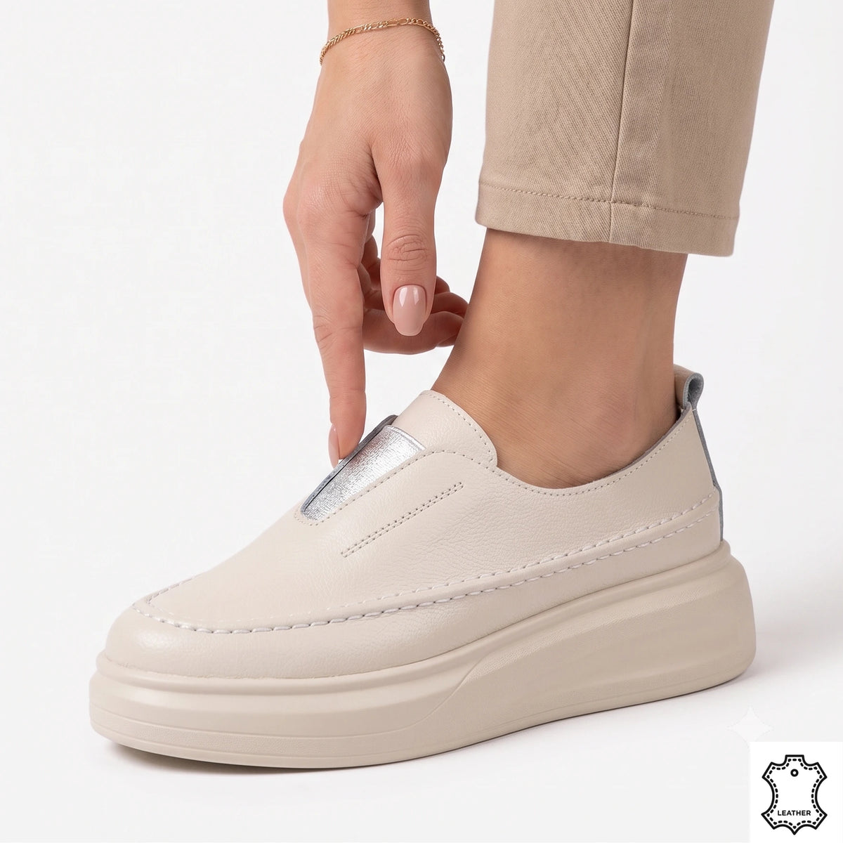 Pantofi Casual Piele Naturala Mira Beige
